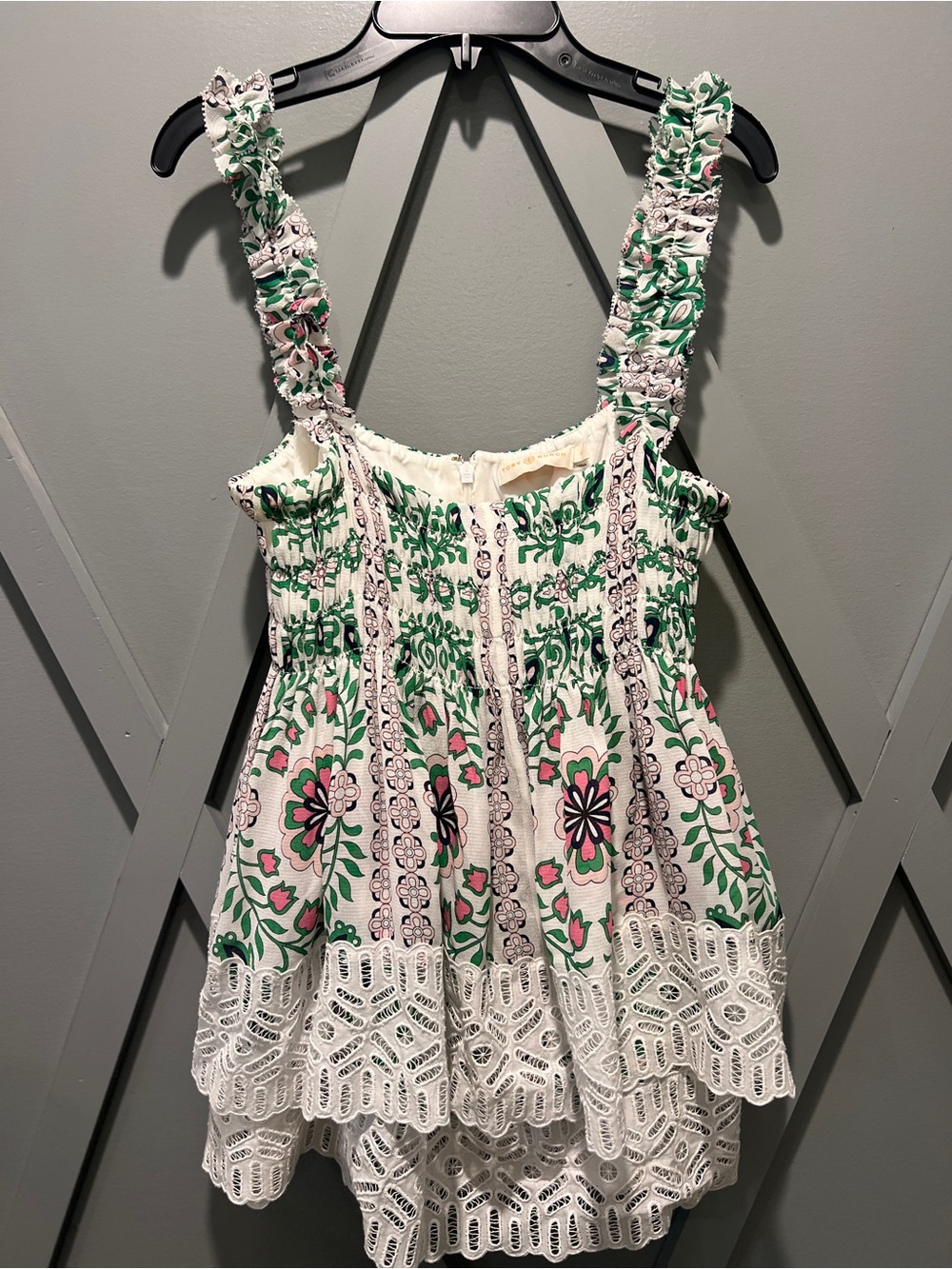 Tory Burch Floral Smocked Tank Top in White, Green, Pink